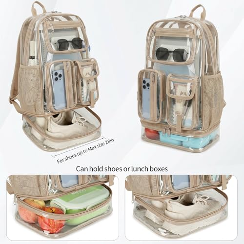 Image of Heavy Duty Clear Backpack for Sport Event,16in BookBag with Shoe Warehouse | Gold See Through Stitch durable plastic Design 7-Pocket For School Adults work Warehouses Airport security,check events bag