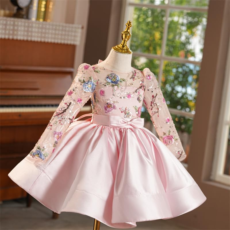 Pink Embroidered Lace Flower Girl Dress Long Sleeve Toddler Knee Length Birthday Formal Dance Wedding Gowns4
