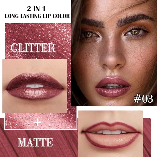 Image of evpct Dark Wine Red Metallic Glitter Lip Liner and Lipstick Combo Lip Gloss Stain Set Makeup for Women Long Lasting Waterproof 24, Mauve Plum Frosted Metallic Shimmer Glossy iridescent Liquid Lipstick