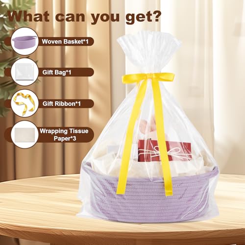 Image of OIAHOMY Gift Basket with Handle, Small Woven Basket with Gift Bag,Ribbon and Wrap Tissue Paper,Nursery Bins Empty to Fill with Small Items, Baby,Pet Toy Organizer - Lilac Purple