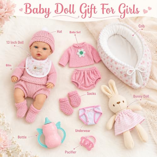 13 Inch Baby Doll Set with Crib, Bunny, Hat and Feeding Accessories - Image 3
