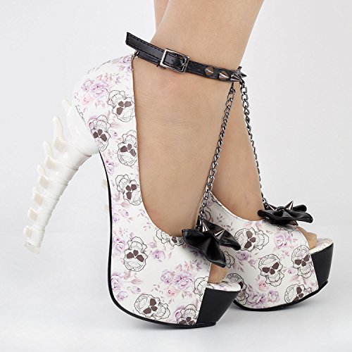 SHOW STORY White Woman Sexy Women Butterfly Print Studs Chain Peeptoe Platform Bone Heel Pumps,LF806314