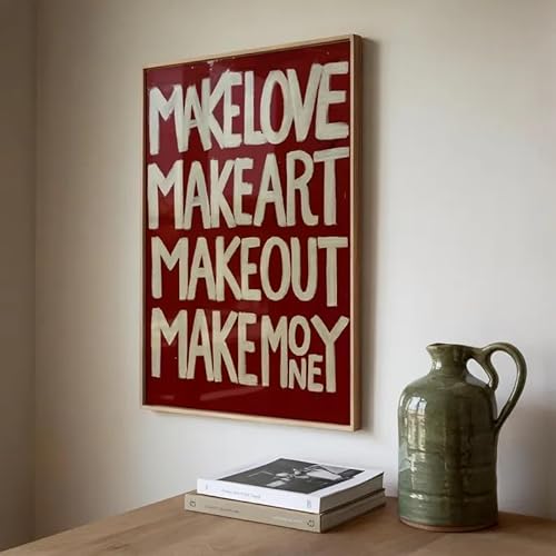 Modern Typography Wall Art- Make Love, Make Art, Make Out, Make Money Print- Red and White- Motivational Quote Poster- Home Decor- Unframed (12x18)