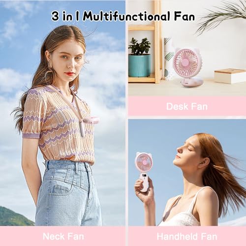 Handheld Fan Mini, Cute Hand Fan Portable, Powerful USB Rechargeable Fan with 4 Speeds and LED Display for Kids Women, Battery Small Electric Hand Held Fans Folding for Desktop/Office/Travel-Pink