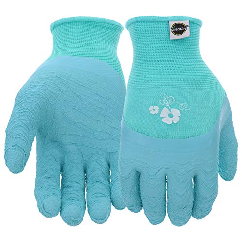 Miracle-Gro Mg30851 Durable Grip Gloves – [1 Pair, X Small] Blue/Floral, Crinkle Latex Dipped Gloves With Knit Shell #TOP20