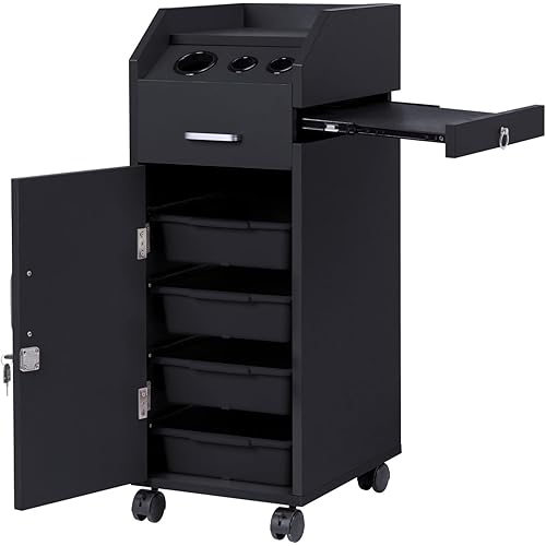 Winado Hair Salon Storage Cart with Wheels & 3 Hair Dryer Holders & 4 Drawers & Lock & 2 Keys, Hairdressing Tools Station Mobile Makeup Case, SPA Utility Trolley (Black)