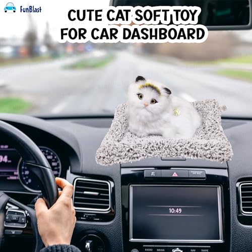 Image of FunBlast Cute Cat Plush Toy with Meow Sound, Toy Accessories for Car Dashboard & Home Decor, Realistic Cat Pet Toys with Bed, Gift for Kids (White-Random)