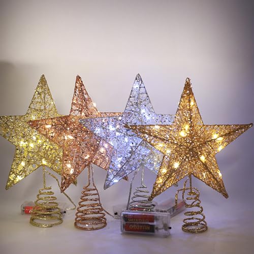Estrella hueca dorada iluminada con luces LED para decoración de árboles navideños 8