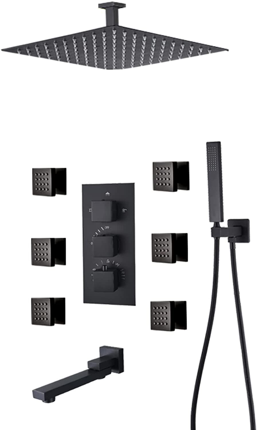 OZBMA Shower System Thermostatic Concealed Faucet Set Wall Mounted Anti Scald with 6 Body Sprays Hand and Waterfall Rainfall Head Matte Black,16 Inch (A 12 tum)