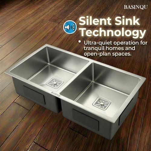 Image of BASINQU Kitchen Sink 45x20x10 Inch Handmade Double Bowl Sink for Kitchen Basin 304 Grade Stainless Steel Brushed Matte Finish Including Coupling Fruit Tray Hose Pipe Kitchen Sinks