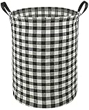 KUNRO Round Laundry Gift Basket Storage Hamper, Clothes Storage Organizer Bins, Shelf Basket with Handles for Room Decor (Black grid)