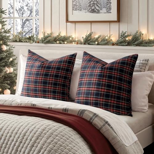 Image of MIULEE Christmas Plaid Pillow Covers Scottish Tartan 22x22 Dark Blue | Set of 2 Christmas Decorations Euro Cushion Covers, Farmhouse Winter Home Decor, for Thanksgiving Sofa Couch Bed Living Room