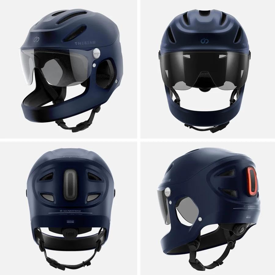 THE BEAM Casco Integral MIPS – Bicicletas Eléctricas, Casco de Ciclismo de Cara Completa con Sistema de Seguridad MIPS, Unisex, Ligero, Ventilado y con Luz de Freno Inteligente Mediano/Azul