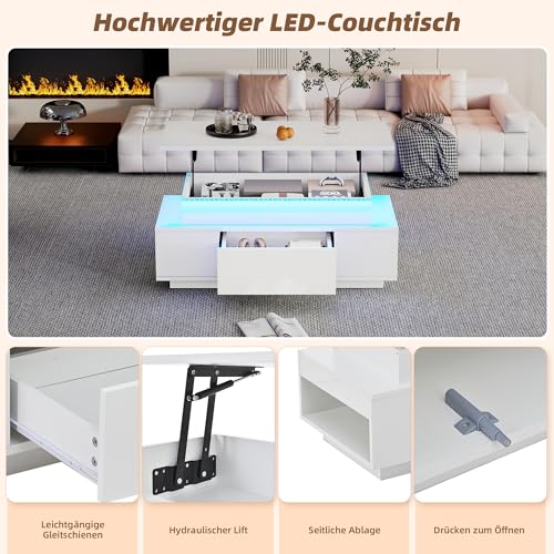 Wiuzo Couchtisch Höhenverstellbarer Kaffeetisch mit Verstecktem Stauraum und Schublade, 96x45x40cm Hochglanz Wohnzimmertisch, LED Sofatisch,Weiß – Bild 7