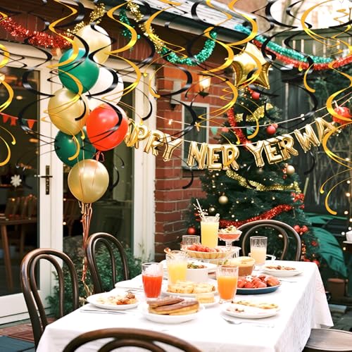 Image of Colorful Ceiling Swirl Foil Decorations Hanging Plastic Streamer Themed Swirl Party Decoration for Wedding New Years Day Graduation Celebration, Pack of 28 (Gold, Black)
