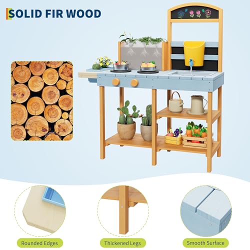 Mud Kitchen for Kids Outdoor Wooden Pretend Play Kitchen Set with See-Through Planter Box, Removable Sink & Faucet, Chalkboard, Storage Shelves＆Pretend Stove Montessori Learning Playset Toy for Toddle