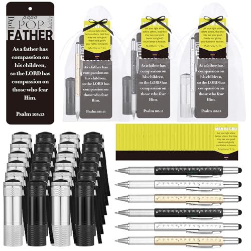 Saysurey 30 Sets Man of God Fathers Day Pocket Flashlight Gift for Church Christian Mini Pocket Flashlight Gift Metal 6 in 1 Pen with Bookmark Bible Card Storage Bags Thank You Present for Dad Husband