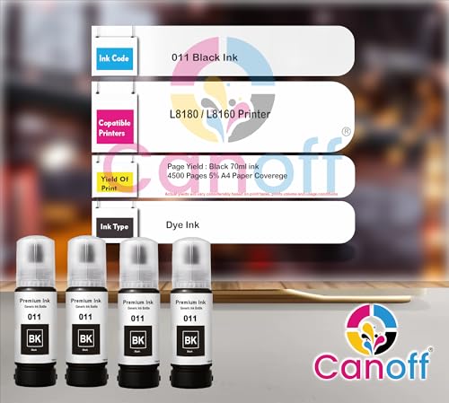 Image of CANOFF 011 /012 Black Color Refill Ink Bottle | Premium Photo Ink for Sharp & Vibrant Prints | Compatible with Epson L8180, L8160 & 012-Series Photo Models (011 Black 4pc.)