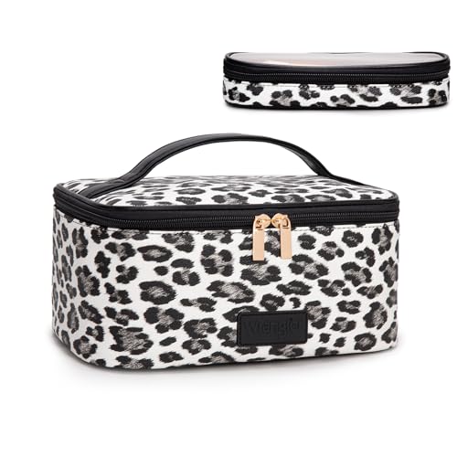 Montana West X Wrangler Travel Makeup Bag 2pcs Set Large Cosmetic Bag with Makeup Brush Holder Portable Make Up Organizer Cute Toiletry Bag with Divider and Handle for Women Leopard