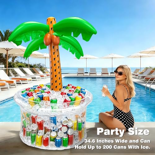 Image of 200+ Drinks Super Large Capacity Inflatable Palm Tree Cooler Pool Party Decoration, Luau Party Decor, Beach Hawaiian Birthday Party Supplies Tropical Themed Summer Outdoor Drink Cooler