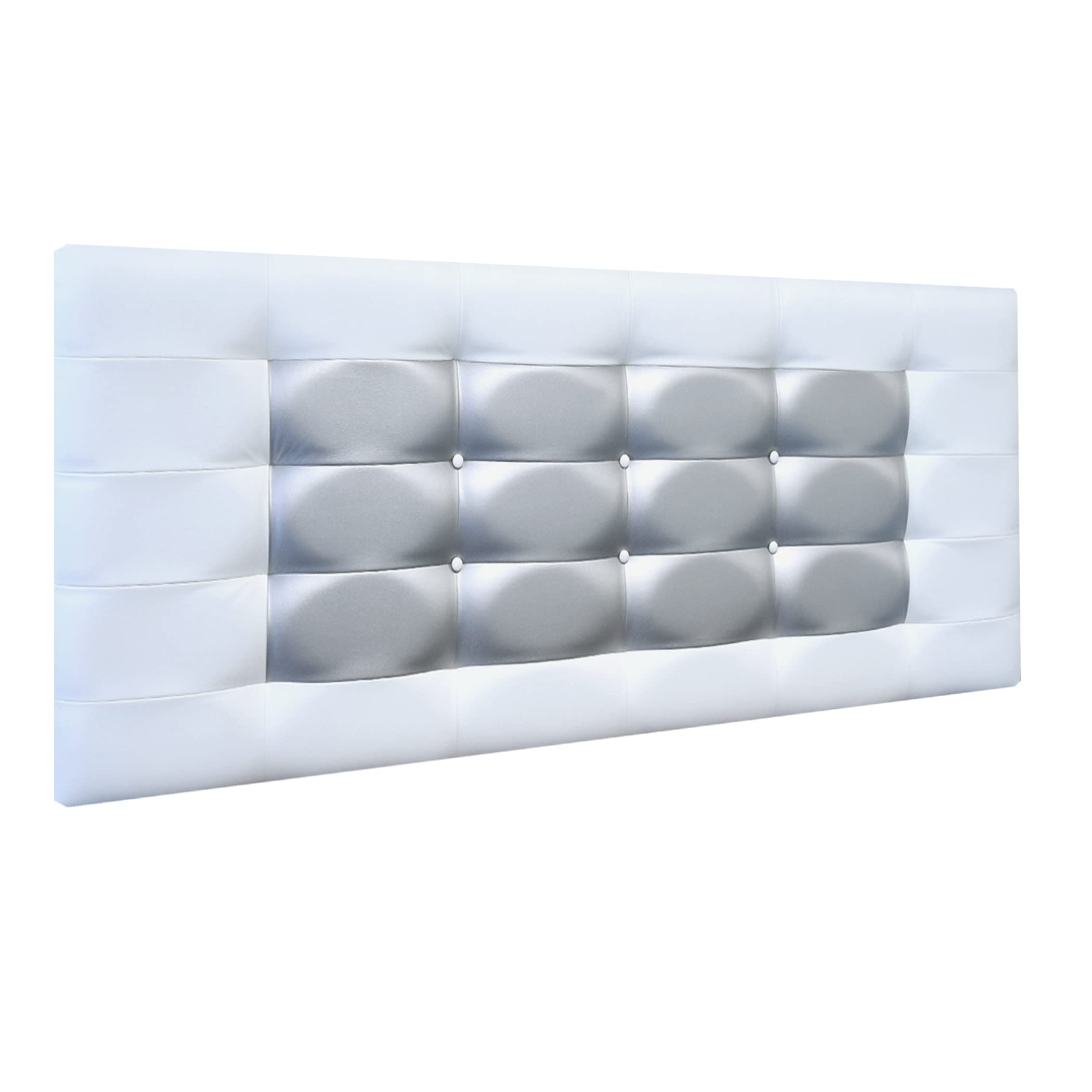 Cabecero de Cama Blanco Plata 70 cm.de Alto-Mod. FLORIDA con Forma de Marco y Botones-Cabecero Tapizado en Polipiel para Niños, Juvenil, Matrimonio-Cabezal de Colgar. (150x70, Blanco-Plata)