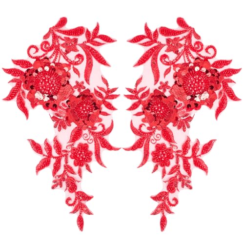 CABODYALS 2 pieza de Apliques Bordados Florales Rojos 3D con Cuentas de Encaje, Parches de Lentejuelas Bordadas, Flores Vintage con Purpurina de Poliéster, Apliques de Organza para Novias, para Coser,