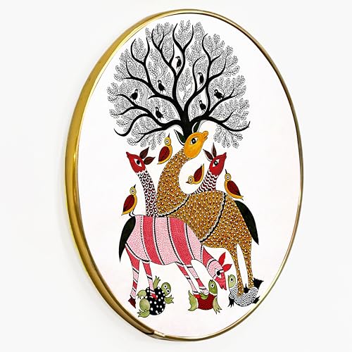 Image of Tribal Gond Round Framed Wall Art Painting For Living Room | Tribal Madhubani Folk Animal Wall Art Painting With Frame for Home, Bedroom & Office, 16 Inch