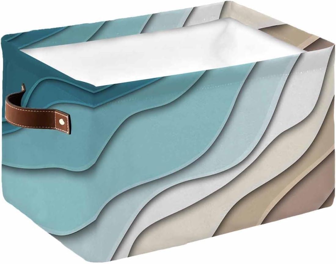 Geometric Storage Basket Teal Blue Large Foldable Storage Bins with Handles Brown Modern Abstract Ocean Wave Waterproof Fabric Laundry Baskets for Organizing Shelves Closet Toy Gifts Bedroom Decor