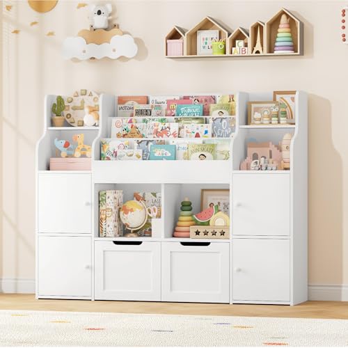 Miniatura 2 de Forehill Mueble Almacenaje Juguetes, Mueble Juguetes Organizador, Librería Infantil Montessori, Estantería Infantil Para Jugetes Libros 2 Cajones Con Ruedas Blanco 122x30x100 Cm