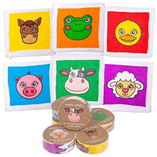 MIK funshopping - Set di 6 asciugamani magici, tema animali da fattoria, per bambini, regalo di compleanno, lotteria