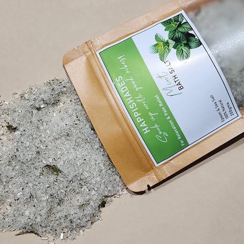 Image of Happishades Bath Salt | For Body & Foot Spa, Calming, Relaxing, Muscle Aches Pain Relief, Aromatherapy | Pure & Natural Epsom, Sea Salt & Essential Oils - 200 grams (Mint)
