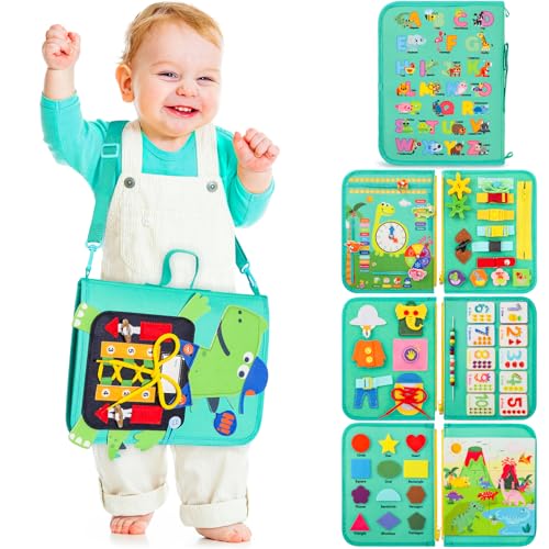 Lovchil Busy Board Montessori con Cubierta de Dinosaurio 3D, Montessori Juguetes Educativos Motricidad Fina para Niños 2 3 4 años con 15 Habilidades básicas, Regalo para Niños Niñas Cumpleaños Navidad
