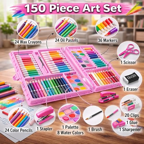 Image of WISHKEY 150 Pieces Art Set for Kids with Case, Art and Craft Supplies Kit for Drawing and Painting, Color Set with Markers, Water Colors, Brush, Color Pencils, Crayons (Pack of 1, Pink)