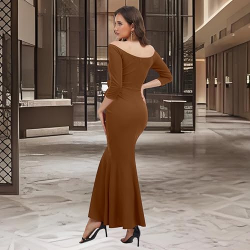 Image of Women's Elegant Formal Mermaid Maxi Dress Off Shoulder Long Sleeve Wedding Split Evening Gown Prom Cocktail Party Dresses