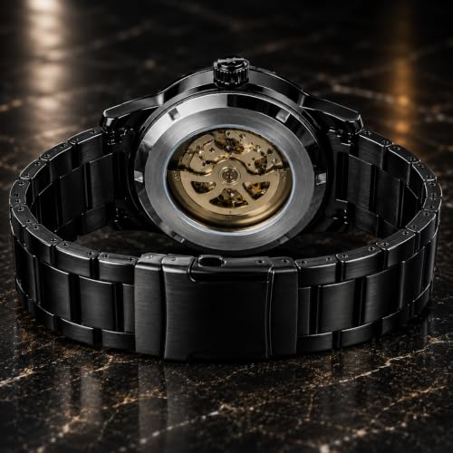 Image of Automatic Watches for Men, Black Analog Skeleton Mechanical Wrist Watch with Stainless Steel Chain, Black Dial, Self Winding Luxury Timepiece, Classic Waterproof Hand Watch