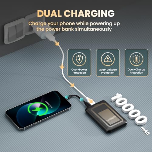 Image of SAL-PB219 10000mAh Power Bank, 22.5W PD Fast Charging, USB-A and Type-C Ports, Smart Chip Protection, LED Indicator, Thin and Lightweight, Portable Design, Includes Charging Cable (Black)