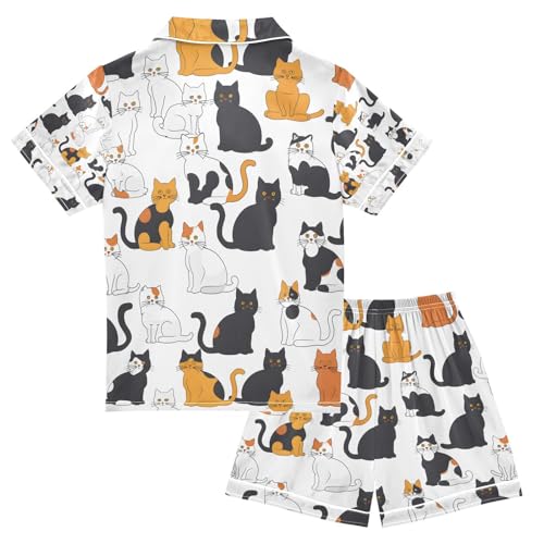 senya Cat Balck with White Satin Summer Pajama Sets Silk Short Sleeve Button Down Sleepwear2