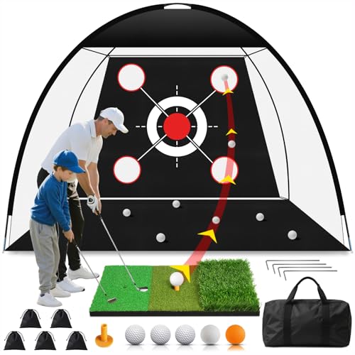 EXOEMTS Golf Net 10x7FT with Tri-Turf Mat, Ball, Target &