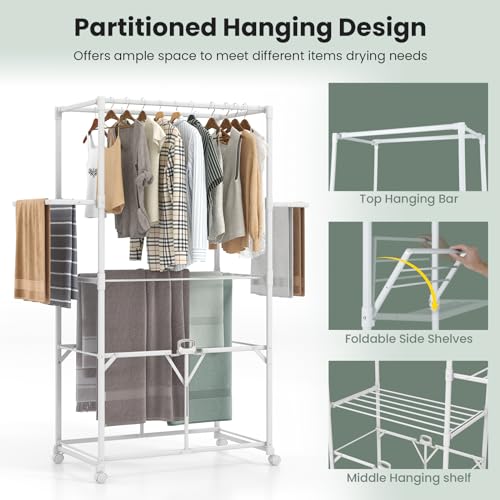RELAX4LIFE Folding Clothes Drying Rack, H-shaped Aluminum Laundry Rack Stand with 4 Universal Wheels, Hanging Rods, 2 Folding Side Shelves & Detachable Middle Shelf, Collapsible Hanging Dryer Hanger - Image 2