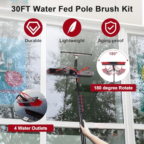 Image of 30FT Solar Panel Cleaning Brush & Squeegee Kit, Proffesional Window Washing Tool, 22in Wide Brush & 2 Dusting Brush, Water Fed Pole, Extendable Telescopic Pole for Roof Mounted Solar Panels