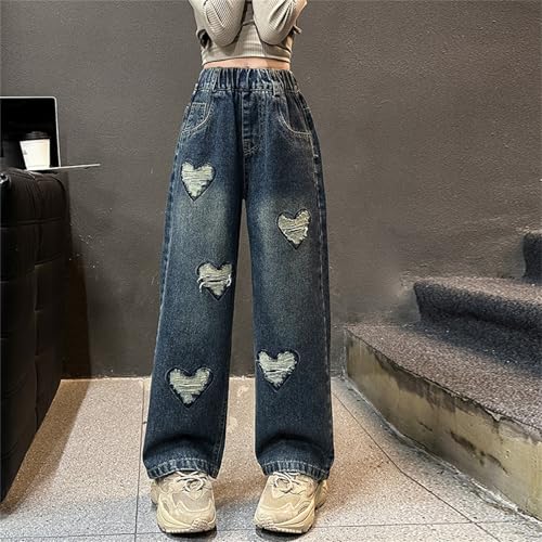 Girl's 𝐘2K Heart Applique Denim Pants Elastic High Waist Jeans Trendy Ripped Wide Leg Loose Trousers with Pockets4
