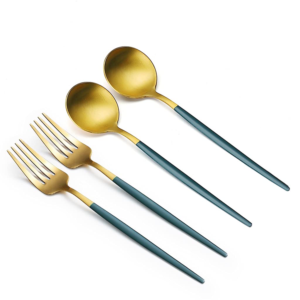 Creative Stainless Steel Spoon, Cute Long Handle Tea Ice Cream Yogurt Mixing Fork Dessert Spoon Set,for Home Kitchen Restaurant Coffee Gift (Color : 2 green spoons+2 green forks)