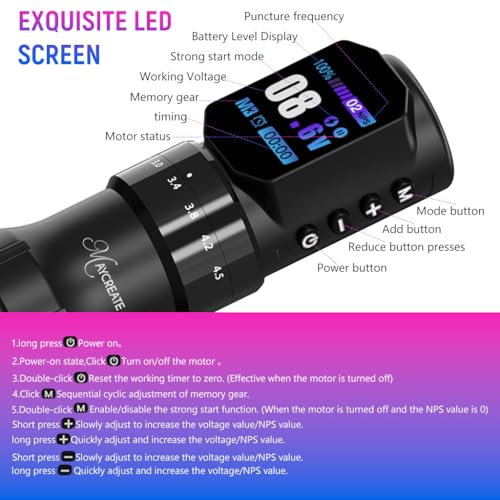 Image of MAYCREATE ArtFlex cordless tattoo pen with LCD screen, 7-step adjustable stroke from 2.3mm to 4.5mm, 2000mAh USB rechargeable battery, low noise rotary design compatible with tattoo cartridges