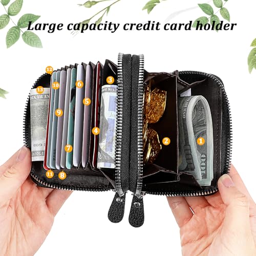 Credit Card Holder Wallet for Women, Leather RFID Blocking Credit Card Holder Wallet with 12 Card Slots Cash Zipper Coin pouch with ID Window Minimalist Purse2