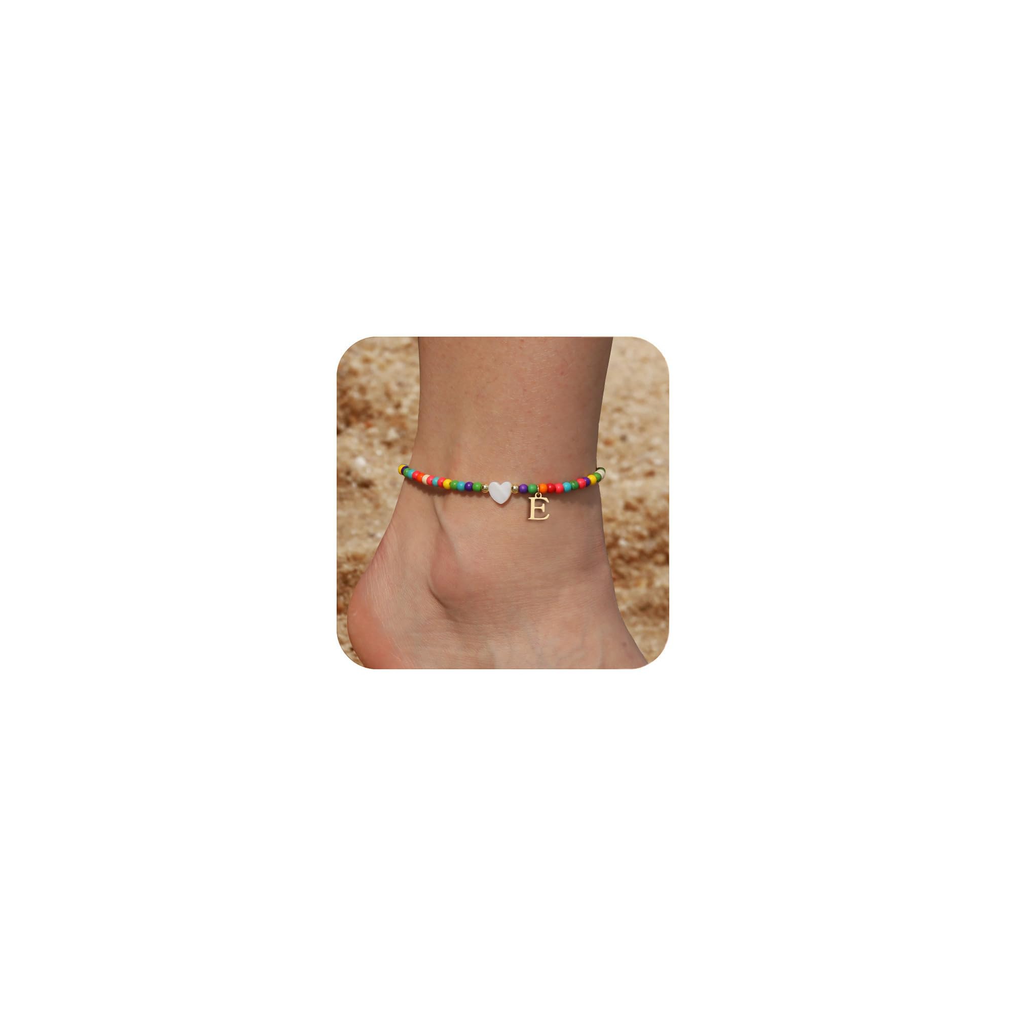 Honsny Ankle Bracelets for Women Initial Anklets Waterproof Boho Beaded Dainty Ankle Bracelets for Teen Letter Heart Handmade Adjustable Foot Chain