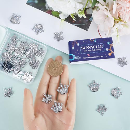 SUNNYCLUE 1 Box 40Pcs Crown Charms Silver Tiara Charm Bulk Vintage Alloy Rhinestone Mini Princess Queen Crown Charms for Jewellery Making Charms Earrings Bracelet Necklace DIY Crafts Valentine's Gifts - Image 3