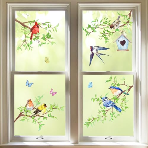Yovkky-Spring-Summer-Birds-Branches-Window-Clings-4-Sheets-Cardinal-Bluebird-Swallow-Goldfinch-Chickadee-Robin-Stickers-Decals-Decor-Green-Leaves-Butterfly-Birdhouse-Home-Kitchen-Decorations Yovkky Spring Summer Birds Branches Window Clings 4 Sheets Cardinal Bluebird Swallow Goldfinch Chickadee Robin Stickers Decals Decor Green Leaves Butterfly Birdhouse Home Kitchen Decorations