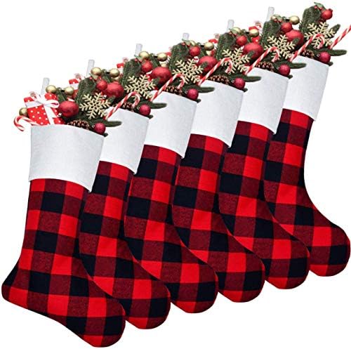 Senneny 6 Pack Christmas Stockings- 18 Inch Red Black Buffalo Plaid Christmas Stockings Fireplace Hanging Stockings for Family Christmas Decoration Holiday Season Party Decor