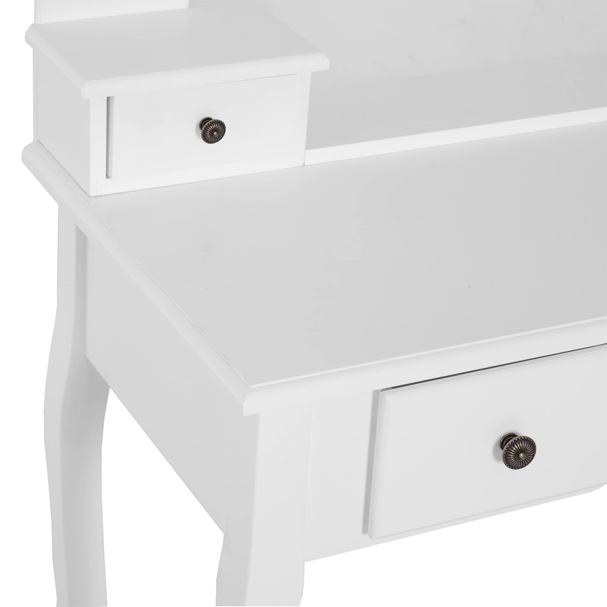 HOMCOM Tocador + Taburete y Espejo Mesa Maquillaje 5 Cajones Mesa MDF Estilo Colonial (Blanco)
