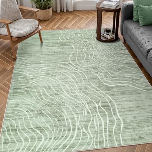 Sage Green Abstract Wave Rug